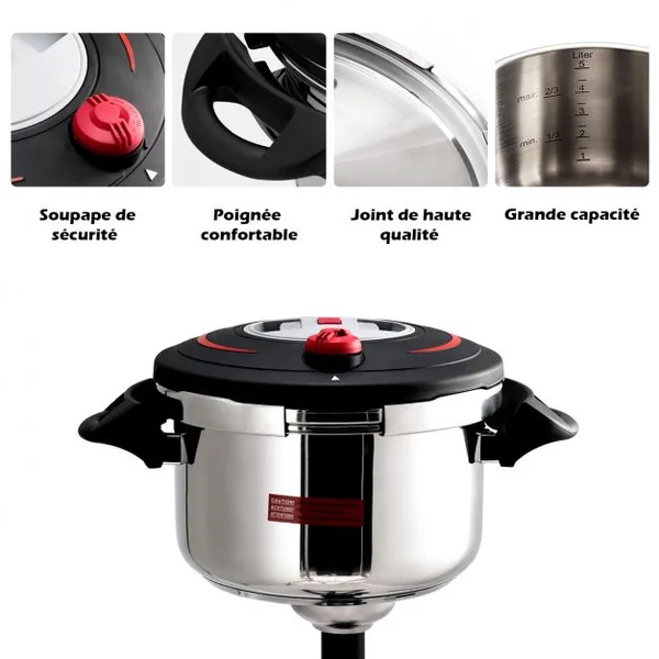 Autocuiseur 6L Multifonction Cocotte Minute Panier Vapeur Poignée Confort en Acier Inoxydable, 39x27,5x20cm