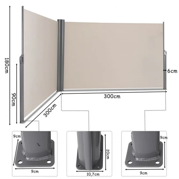Auvent Latéral Rétractable Double 180x600CM en Aluminium et Tissu Polyester Résistant aux UV Beige