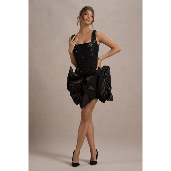 Aveline | Mini-robe noire en dentelle à encolure carrée avec nœuds