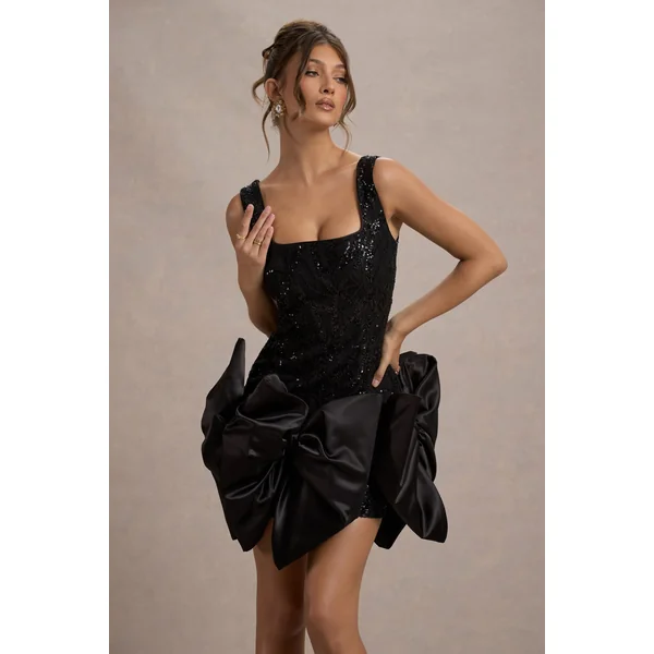 Aveline | Mini-robe noire en dentelle à encolure carrée avec nœuds