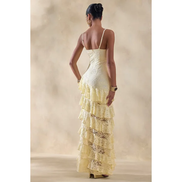Avelisse | Robe longue citron en dentelle à encolure plongeante avec détails volantés