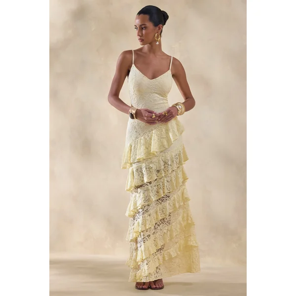 Avelisse | Robe longue citron en dentelle à encolure plongeante avec détails volantés