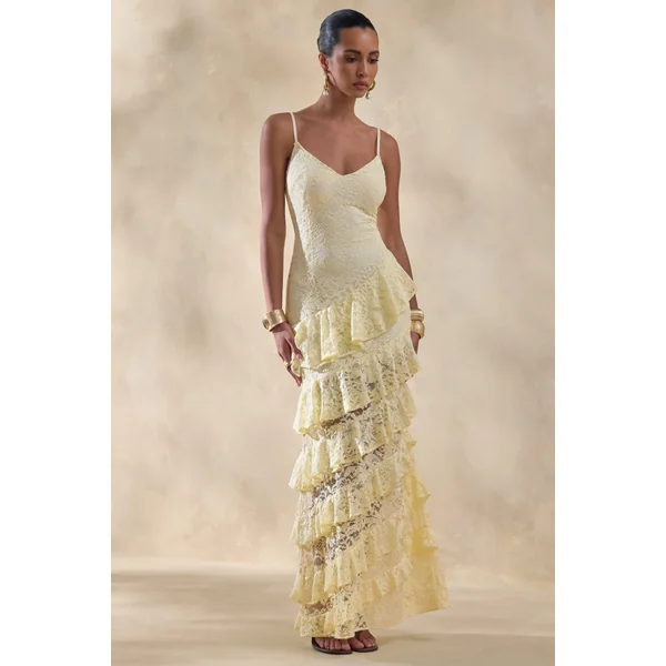 Avelisse | Robe longue citron en dentelle à encolure plongeante avec détails volantés