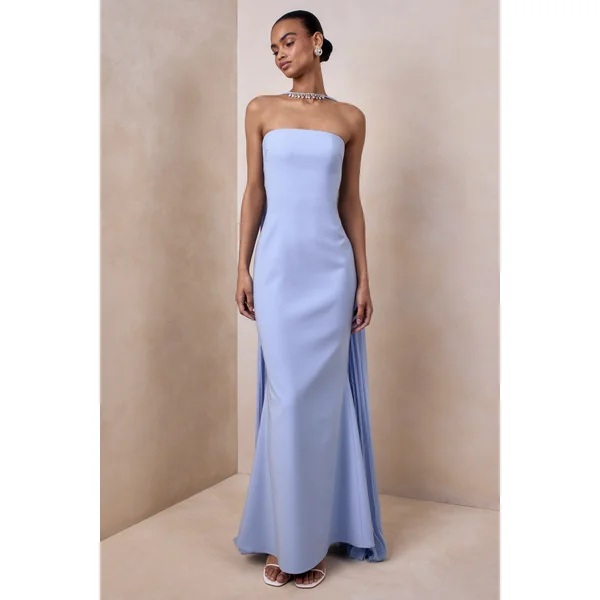 Avery | Robe longue bleu poudré à encolure bandeau avec écharpe ornée