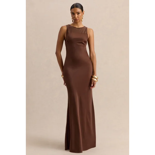 Avessia | Robe longue marron en satin avec col rond et détails en tissu transparent