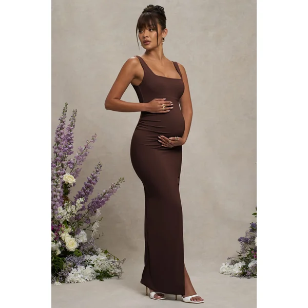 Avril | Robe longue de maternité marron à encolure carrée avec fente