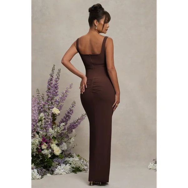 Avril | Robe longue de maternité marron à encolure carrée avec fente