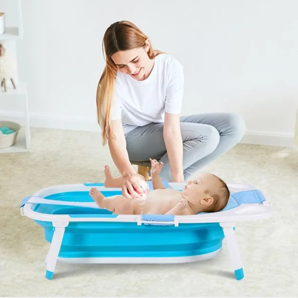 Baignoire Bébé Pliable avec Coussinet Suspension en Maille et Tapis Antidérapant 86 x 51,5 x 23cm
