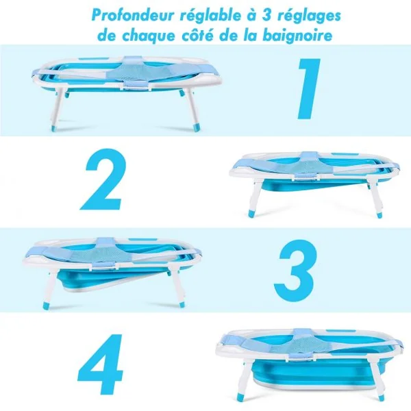 Baignoire Bébé Pliable avec Coussinet Suspension en Maille et Tapis Antidérapant 86 x 51,5 x 23cm