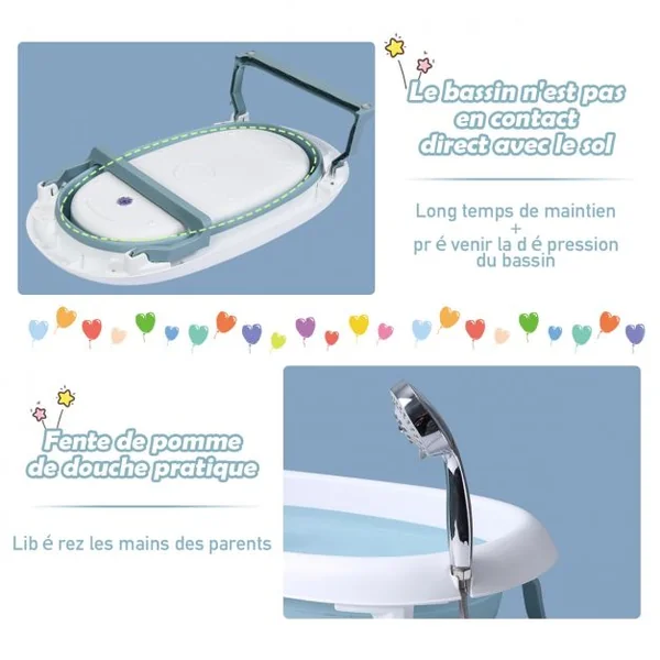 Baignoire Pliable en PP pour Bébé de 0-3 ans avec Coussin Suspension Bouchon de Drainage Bouchon d'Eau 81x48x24cm Bleu