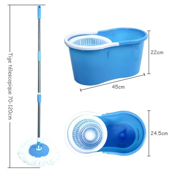 Balai Serpillère 2 en 1 Seau et serpillère Rotatif à 360° Hauteur réglable de 70 à 120 cm, seau 45x24.5x22 cm, Bleu