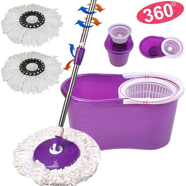 Balai Serpillère Rotatif avec Seau et 2 Têtes en Microfibre Vadrouille de Nettoyage Rotative Hauteur Réglable Violet