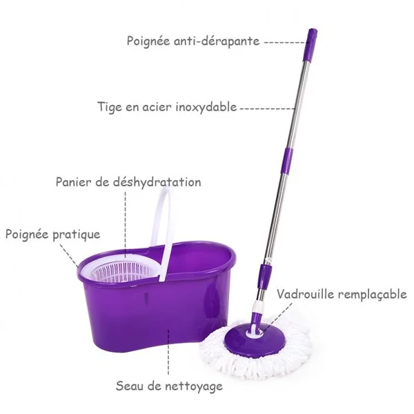 Balai Serpillère Rotatif avec Seau et 2 Têtes en Microfibre Vadrouille de Nettoyage Rotative Hauteur Réglable Violet