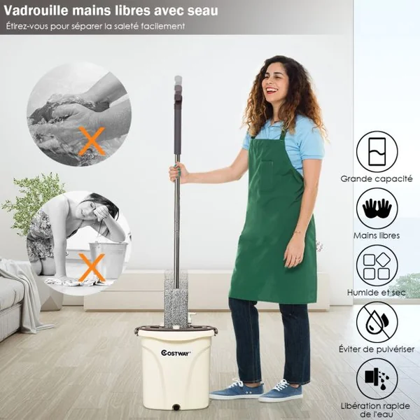 Balai Vadrouille 2 Chiffons et 1 Seau 3 Niveaux Réglables Capacité Eau Sale 6l Eau Propre 3l en Pp Acier Inoxydable ABS