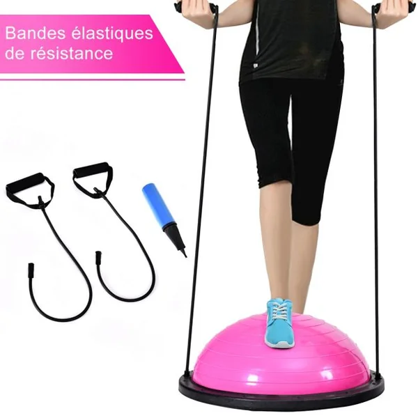 Balance Trainer Fitness Demi-ballon d’Équilibre, Cordes Élastiques, Base Antidérapante, 59,5x59,5x25cm, Rose