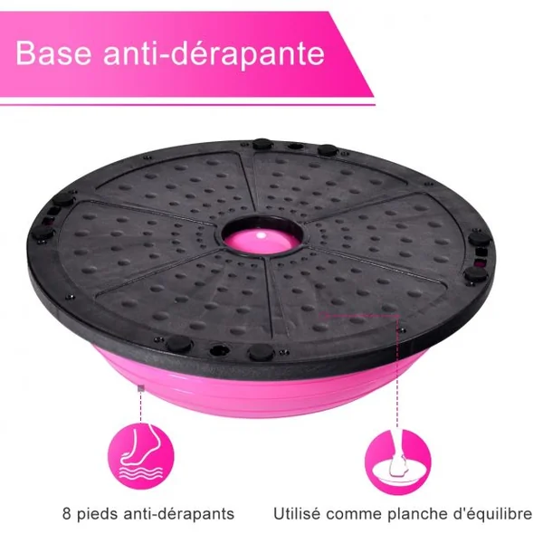 Balance Trainer Fitness Demi-ballon d’Équilibre, Cordes Élastiques, Base Antidérapante, 59,5x59,5x25cm, Rose