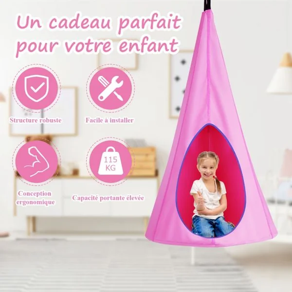 Balançoire Nid d’Oiseau avec Tente Hamac à Suspendu avec Crochet et Corde Charge Max.115KG Rose