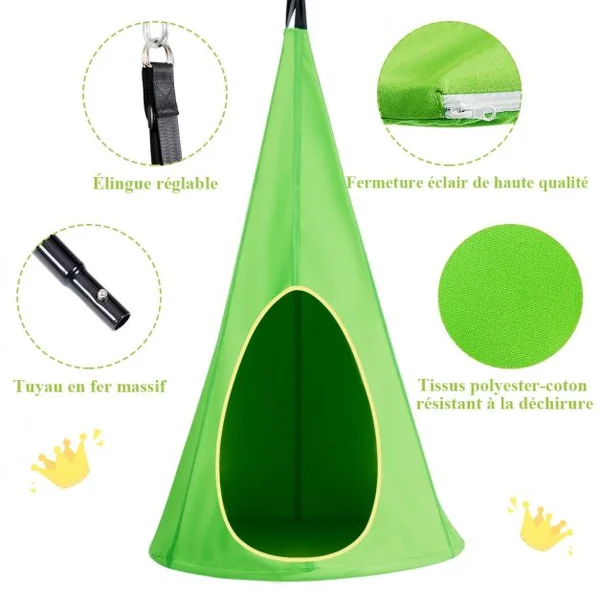 Balançoire Nid d’Oiseau avec Tente Hamac à Suspendu avec Crochet et Corde Charge Max.115KG Vert