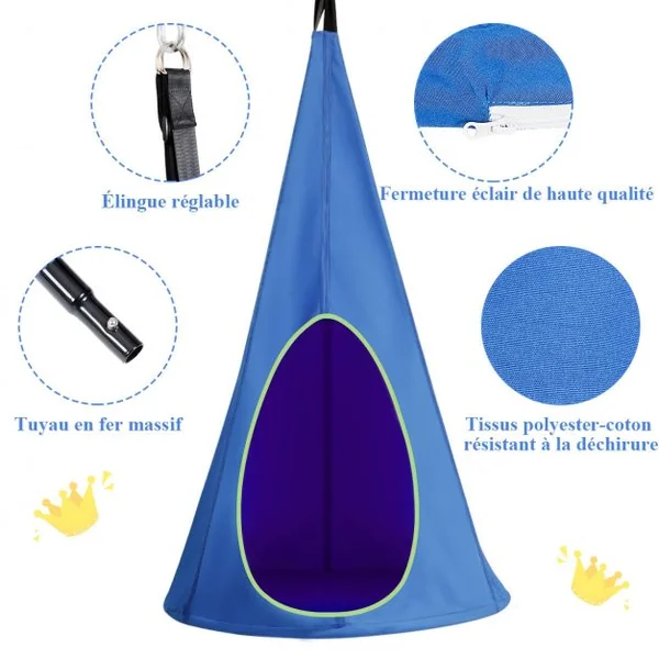 Balançoire Nid d’Oiseau avec Tente Hamac à Suspendu avec Crochet et Corde Charge Max 115KG Bleu