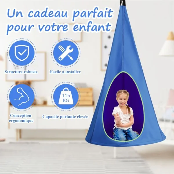 Balançoire Nid d’Oiseau avec Tente Hamac à Suspendu avec Crochet et Corde Charge Max 115KG Bleu