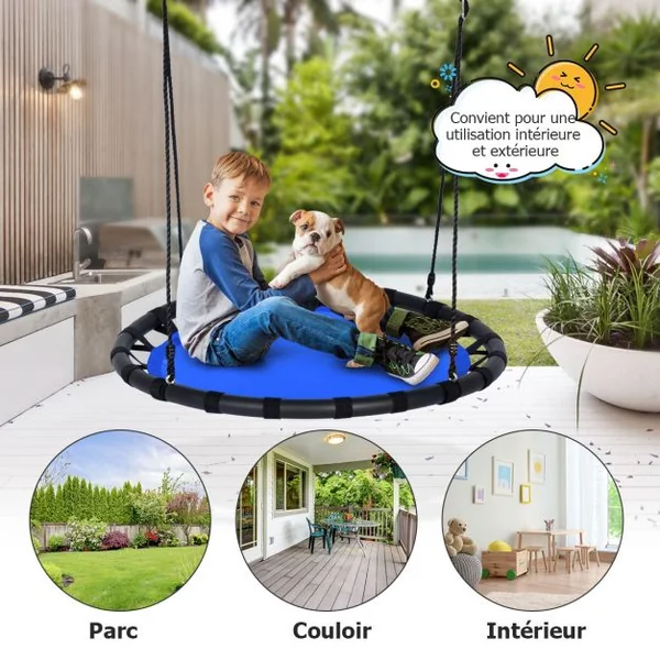 Balançoire Nid d’Oiseau Ronde Ø100CM pour Enfant Hauteur Réglable 100-160CM Charge 150 KG Bleu