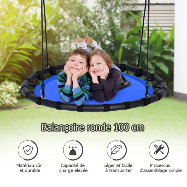 Balançoire Nid d’Oiseau Ronde Ø100CM pour Enfant Hauteur Réglable 100-160CM Charge 150 KG Bleu