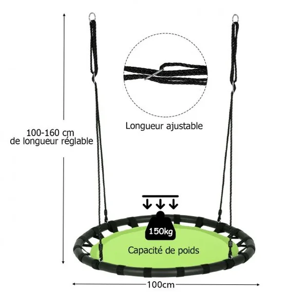 Balançoire Nid d’Oiseau Ronde Ø100CM pour Enfant Hauteur Réglable 100-160CM Charge 150 KG Vert