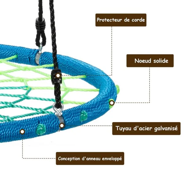 Balançoire Nid d’Oiseau Ø100CM Corde Réglable 100-160CM Charge 150KG Bleu