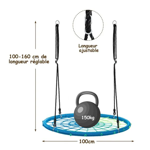 Balançoire Nid d’Oiseau Ø100CM Corde Réglable 100-160CM Charge 150KG Bleu