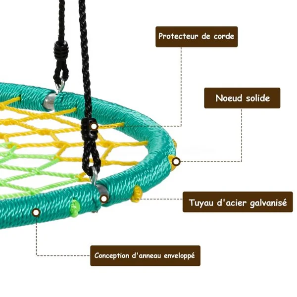 Balançoire Nid d’Oiseau Ø100CM Corde Réglable 100-160CM Charge 150KG Vert