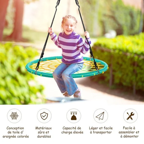 Balançoire Nid d’Oiseau Ø100CM Corde Réglable 100-160CM Charge 150KG Vert