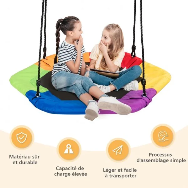 Balançoire Soucoupe Hexagonale Hauteurs Réglables 100-160 CM Capacité 150 kg en Tissu Oxford 94 x 84 CM Multicolore