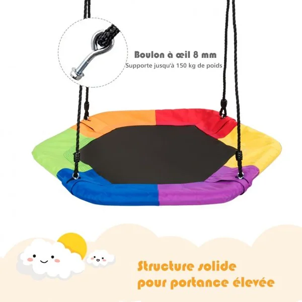 Balançoire Soucoupe Hexagonale Hauteurs Réglables 100-160 CM Capacité 150 kg en Tissu Oxford 94 x 84 CM Multicolore