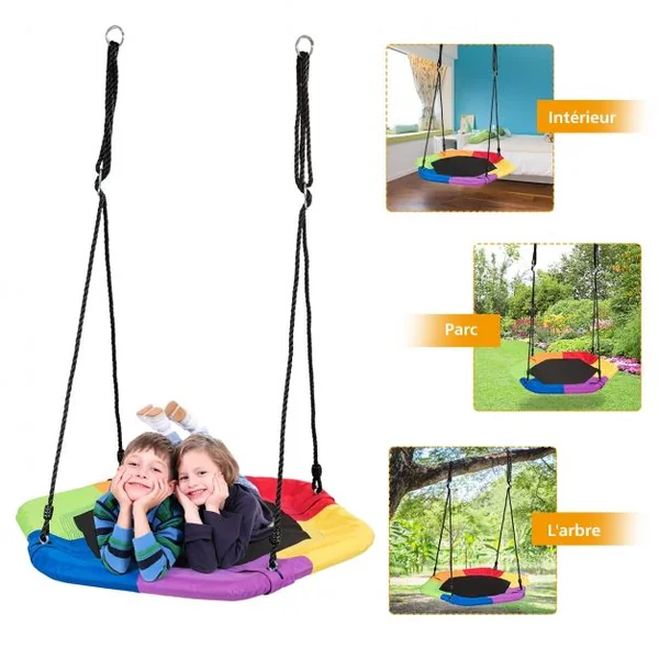 Balançoire Soucoupe Hexagonale Hauteurs Réglables 100-160 CM Capacité 150 kg en Tissu Oxford 94 x 84 CM Multicolore