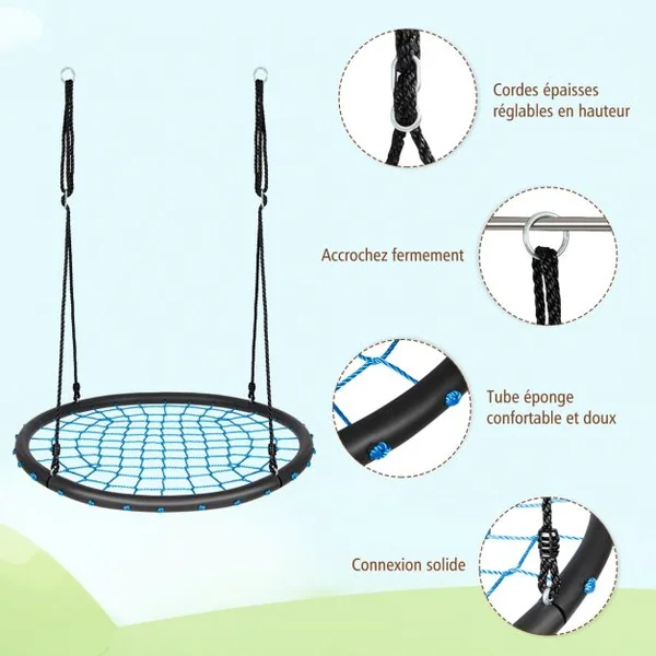 Balançoire Soucoupe Hexagonale Hauteurs Réglables 100-160 CM Capacité 150 kg en Tissu Oxford Dia.100 CM Bleu + Noir