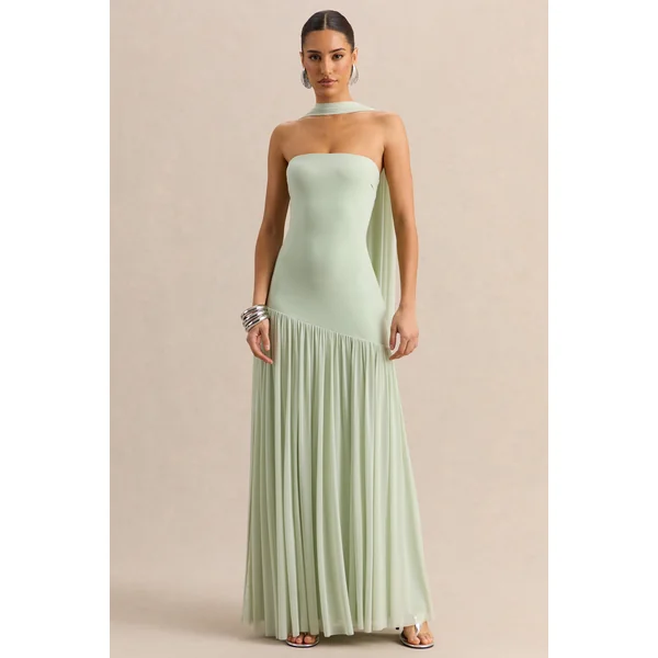 Bambi | Robe longue bandeau vert menthe avec détail foulard