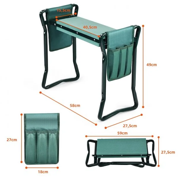 Banc Agenouilloir de Jardin Pliable 2 en1 avec Sac à Outils Poche Siège Rembourré Supporter Jusqu'à 120KG