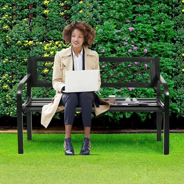 Banc de Jardin 2-3 Places Banc d’Extérieur avec Accoudoirs pour Parc Terrasse Balcon en Acier et PVC, 117x51x76cm, Noir