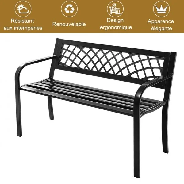 Banc de Jardin 2-3 Places Banc d’Extérieur avec Accoudoirs pour Parc Terrasse Balcon en Acier et PVC, 117x51x76cm, Noir