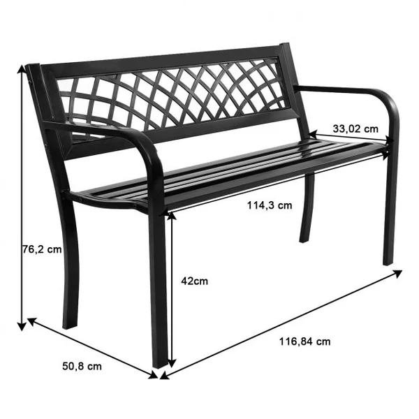 Banc de Jardin 2-3 Places Banc d’Extérieur avec Accoudoirs pour Parc Terrasse Balcon en Acier et PVC, 117x51x76cm, Noir