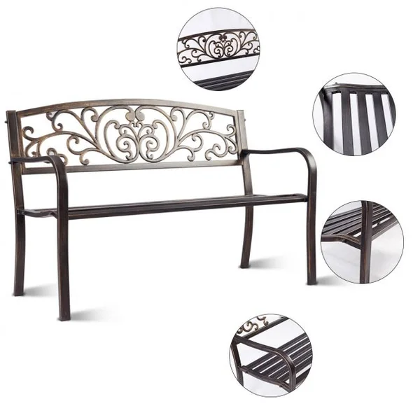 Banc de Jardin avec joli motif ajouré et accoudoirs Charge Max 180 Kg en Métal de Haute Qualité, 127 x 60 x 85 cm, Noir