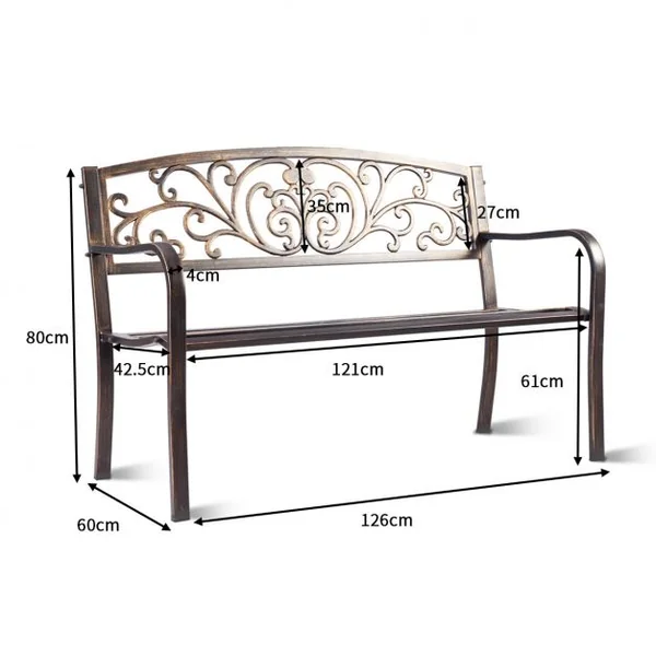 Banc de Jardin avec joli motif ajouré et accoudoirs Charge Max 180 Kg en Métal de Haute Qualité, 127 x 60 x 85 cm, Noir