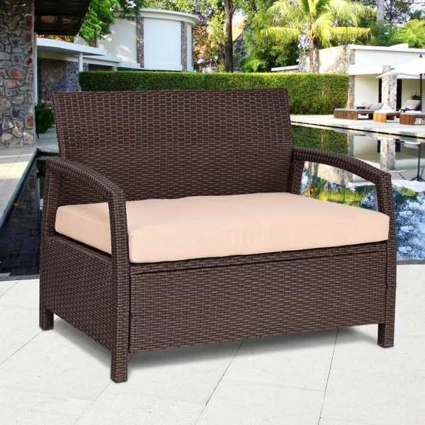 Banc de Jardin en Résine Tressée Causeuse avec Coussin pour Balcon Terrasse en Polyrotin, 108x64x84cm, Marron Foncé