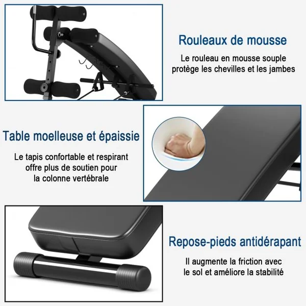 Banc de Musculation Abdominaux Pliable 2 Sangles de Traction Capacité 100 kg en Fer Mousse PU 126,5x51x103cm Noir
