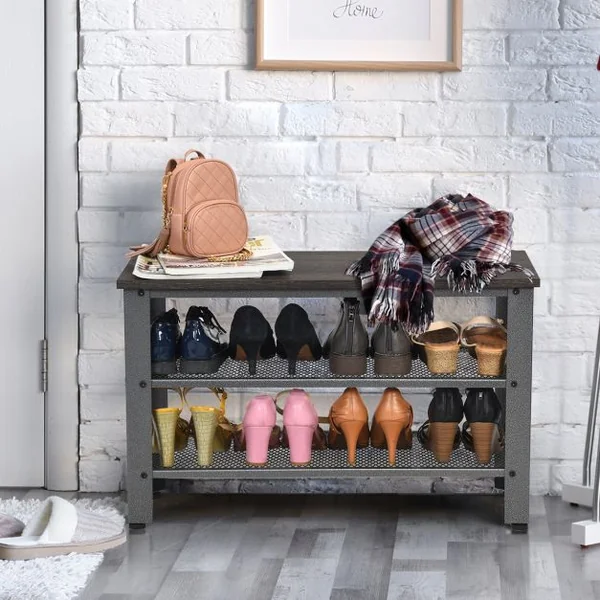 Banc et Étagère pour 8 Paires de Chaussures de Style Industriel 4 Pieds Réglables en Bois et Métal 73x30x45cm Gris
