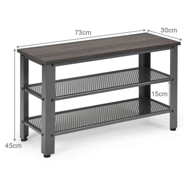 Banc et Étagère pour 8 Paires de Chaussures de Style Industriel 4 Pieds Réglables en Bois et Métal 73x30x45cm Gris