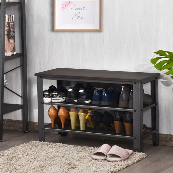 Banc et Étagère pour 8 Paires de Chaussures de Style Industriel 4 Pieds Réglables en Bois et Métal 73x30x45cm Gris