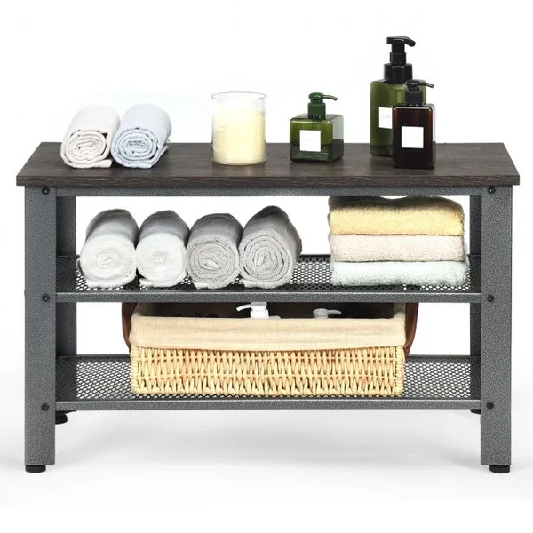 Banc et Étagère pour 8 Paires de Chaussures de Style Industriel 4 Pieds Réglables en Bois et Métal 73x30x45cm Gris