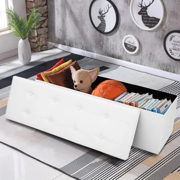 Banc Pliable avec Espace de Rangement Facile à Nettoyer en Cuir de Haute Qualité Capacité 300 kg, 114x38x38cm, Blanc