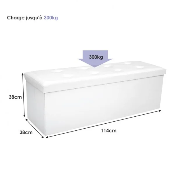 Banc Pliable avec Espace de Rangement Facile à Nettoyer en Cuir de Haute Qualité Capacité 300 kg, 114x38x38cm, Blanc